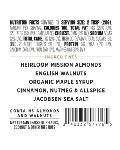 The nutrition panel of Big Spoon Roasters Carrot Cake Almond & Walnut Butter