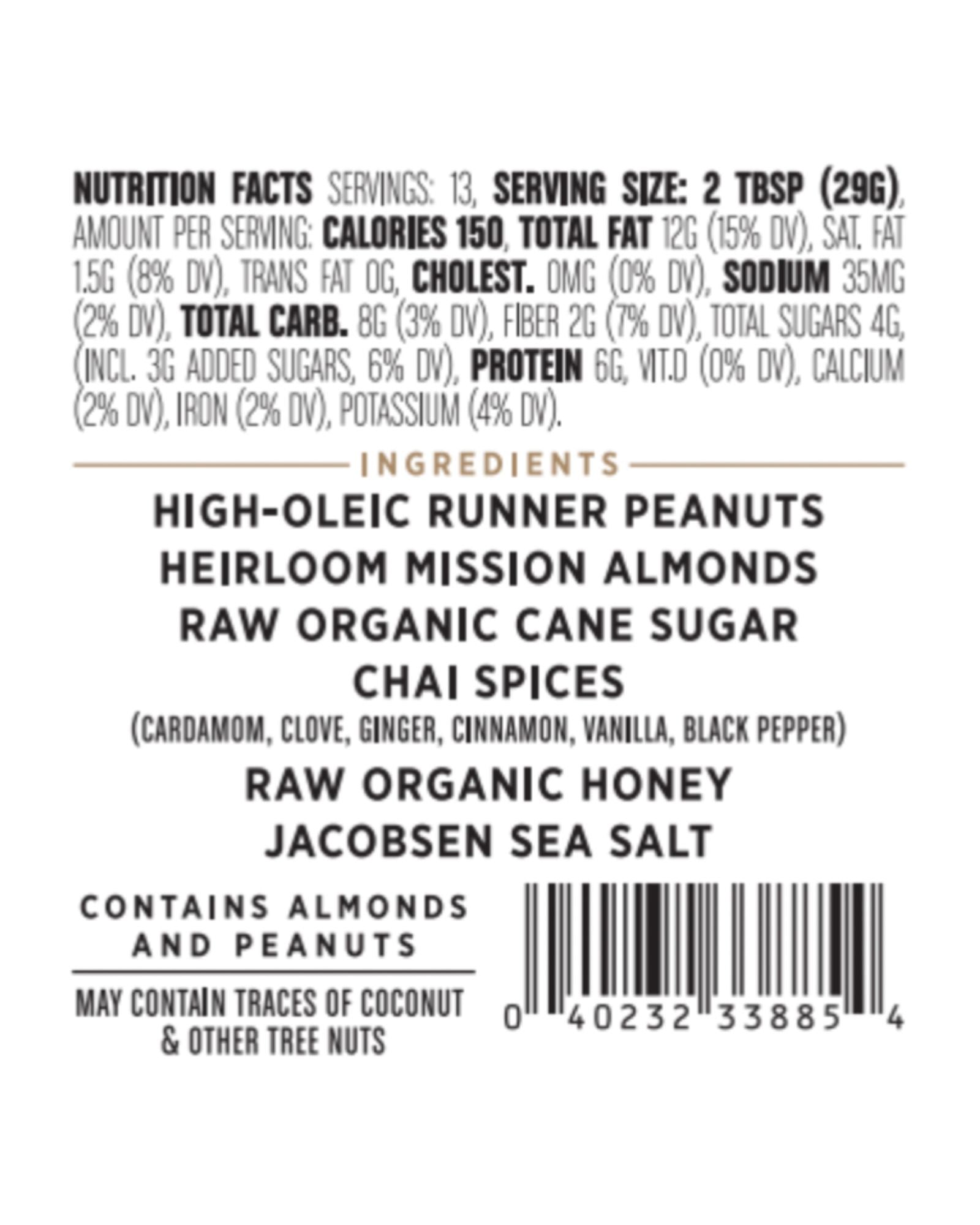 The nutrition panel of Big Spoon Roasters Chai Spice Peanut & Almond Butter with Sea Salt