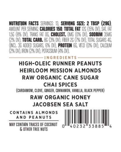 The nutrition panel of Big Spoon Roasters Chai Spice Peanut & Almond Butter with Sea Salt