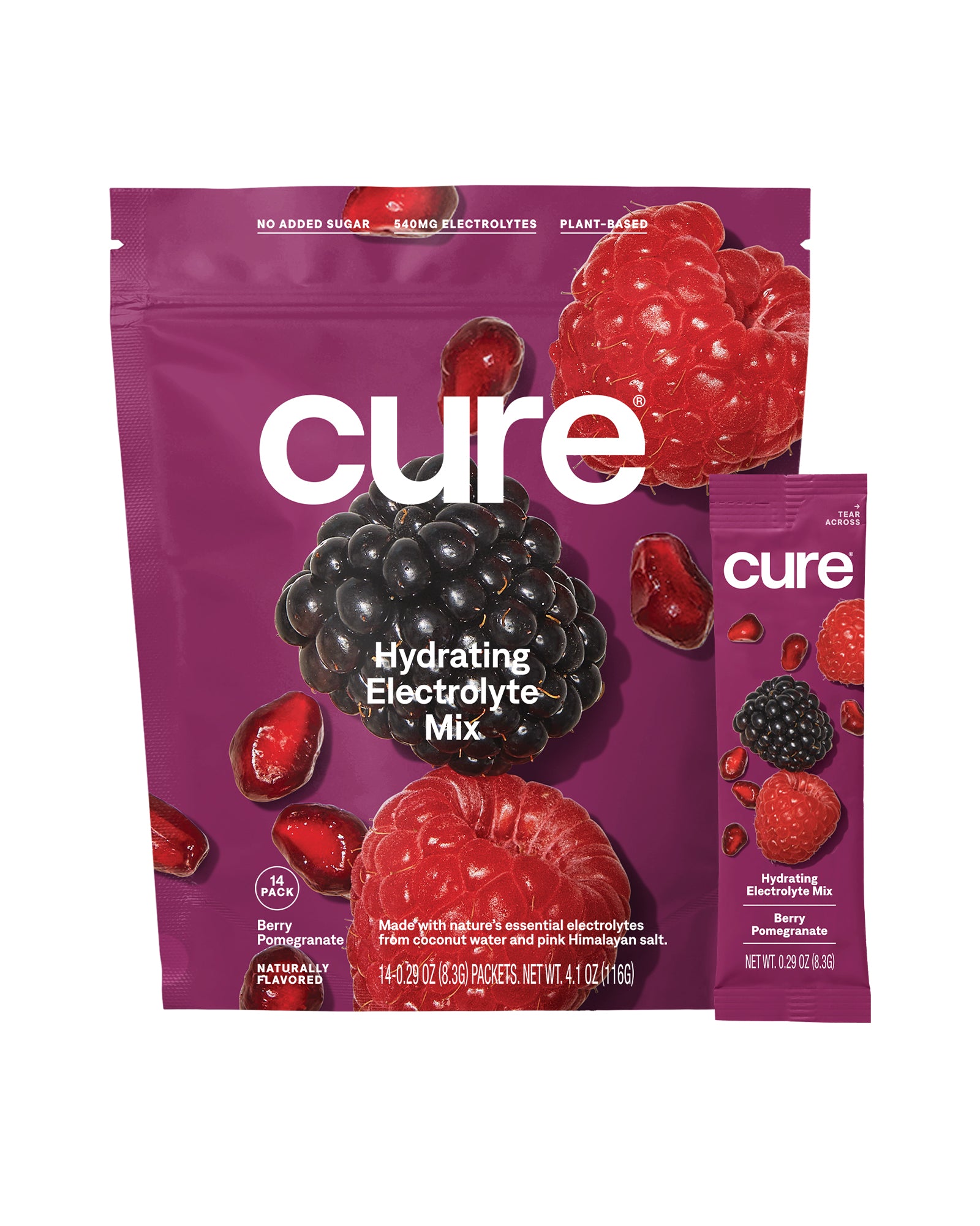 The front of Cure Berry Pomegranate Hydration Mix Packets - 14 Count