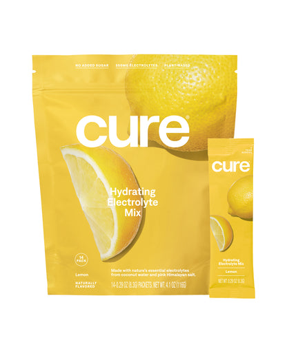 The front of Cure Lemon Hydration Mix Packets - 14 Count