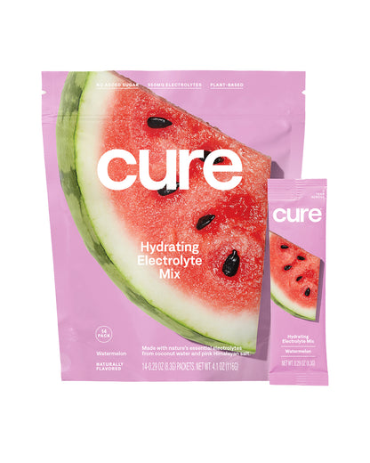 The front of Cure Watermelon Hydration Mix Packets - 14 Count