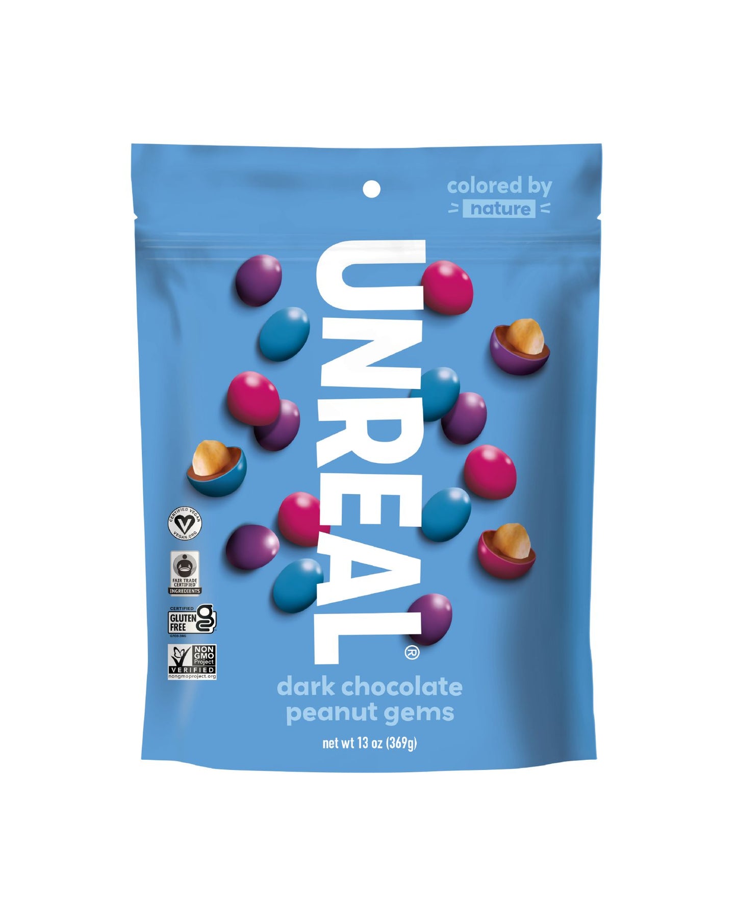 The front of UNREAL Dark Chocolate Peanut Gems