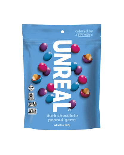 The front of UNREAL Dark Chocolate Peanut Gems