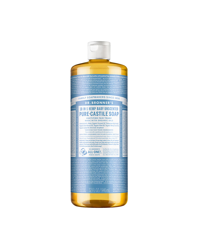 The front of Dr. Bronner's Unscented Pure-Castile Liquid Soap