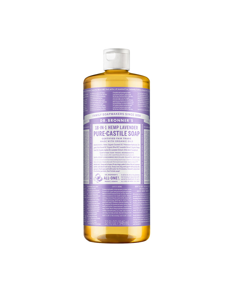 The front of Dr. Bronner's Lavender Pure-Castile Liquid Soap