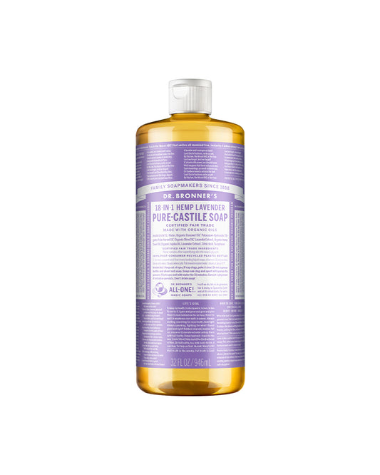 The front of Dr. Bronner's Lavender Pure-Castile Liquid Soap