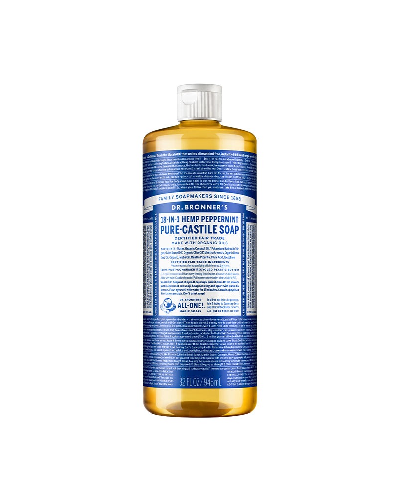 The front of Dr. Bronner's Peppermint Pure-Castile Liquid Soap