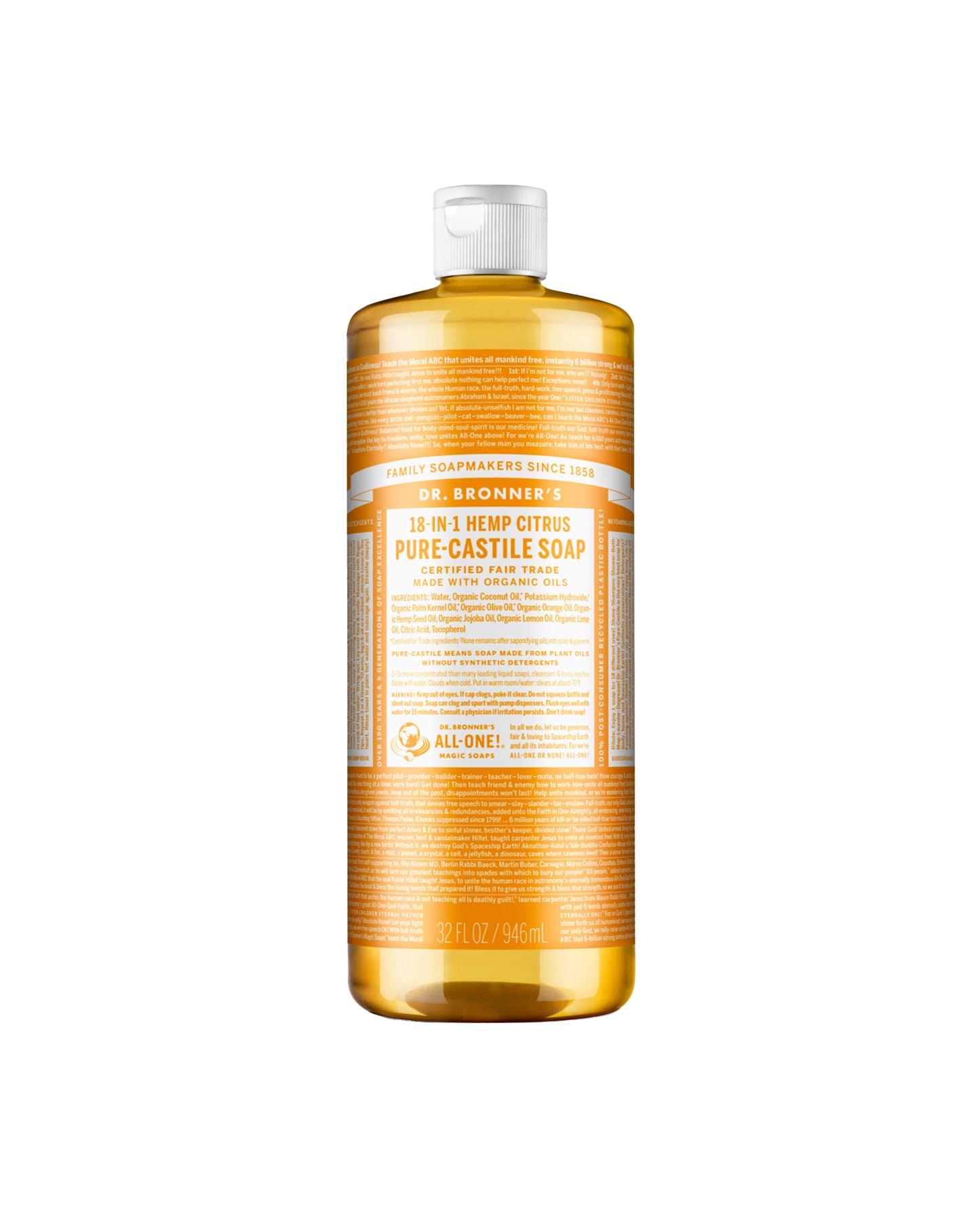 The front of Dr. Bronner's Citrus Pure-Castile Liquid Soap