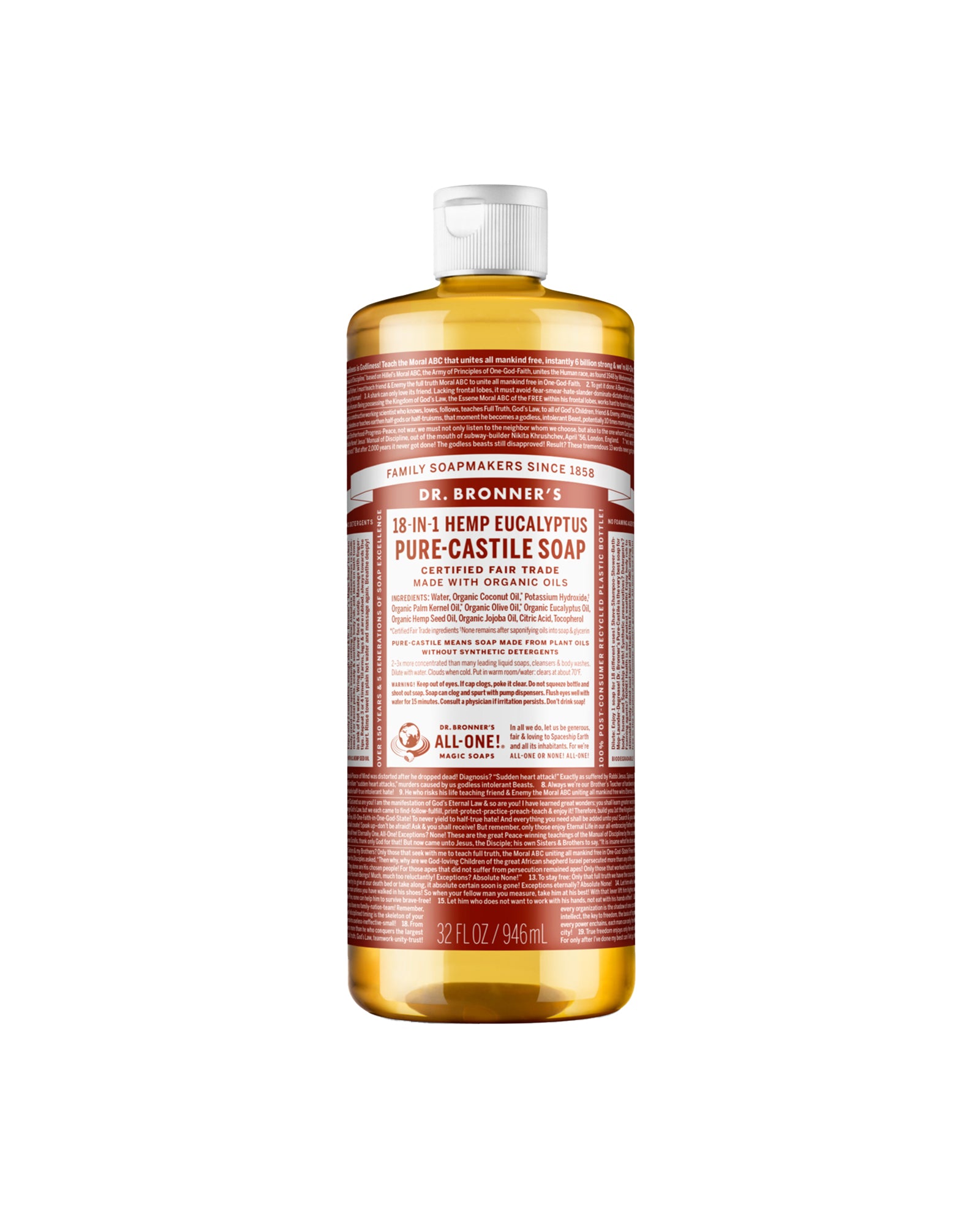 The front of Dr. Bronner's Eucalyptus Pure-Castile Liquid Soap