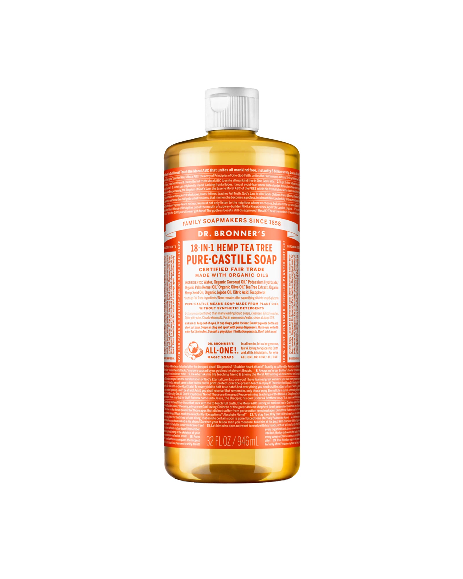 The front of Dr. Bronner's Tea Tree Pure-Castile Liquid Soap
