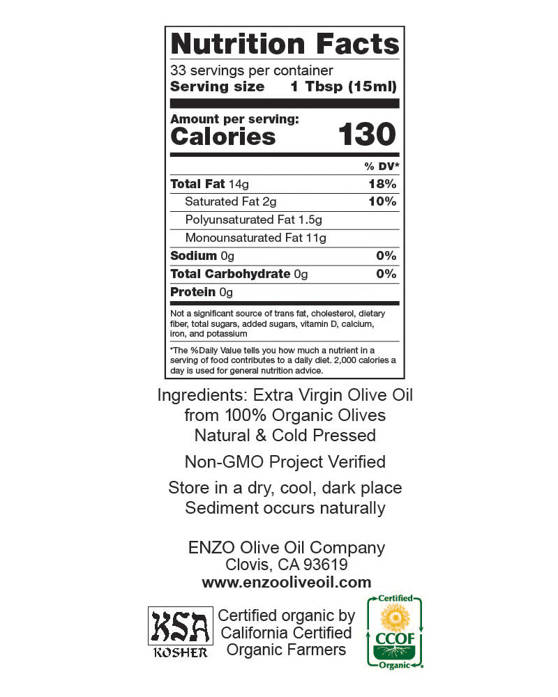 The nutrition panel of ENZO Olive Oil Company Delicate Organic California Extra Virgin Olive Oil