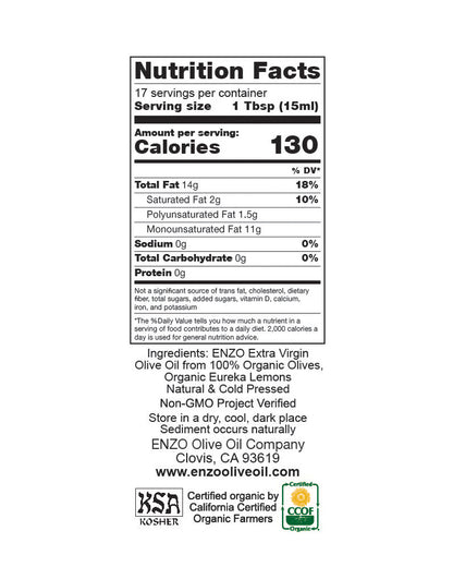 The nutrition panel of ENZO Olive Oil Company Eureka Lemon Crush Organic California Extra Virgin Olive Oil