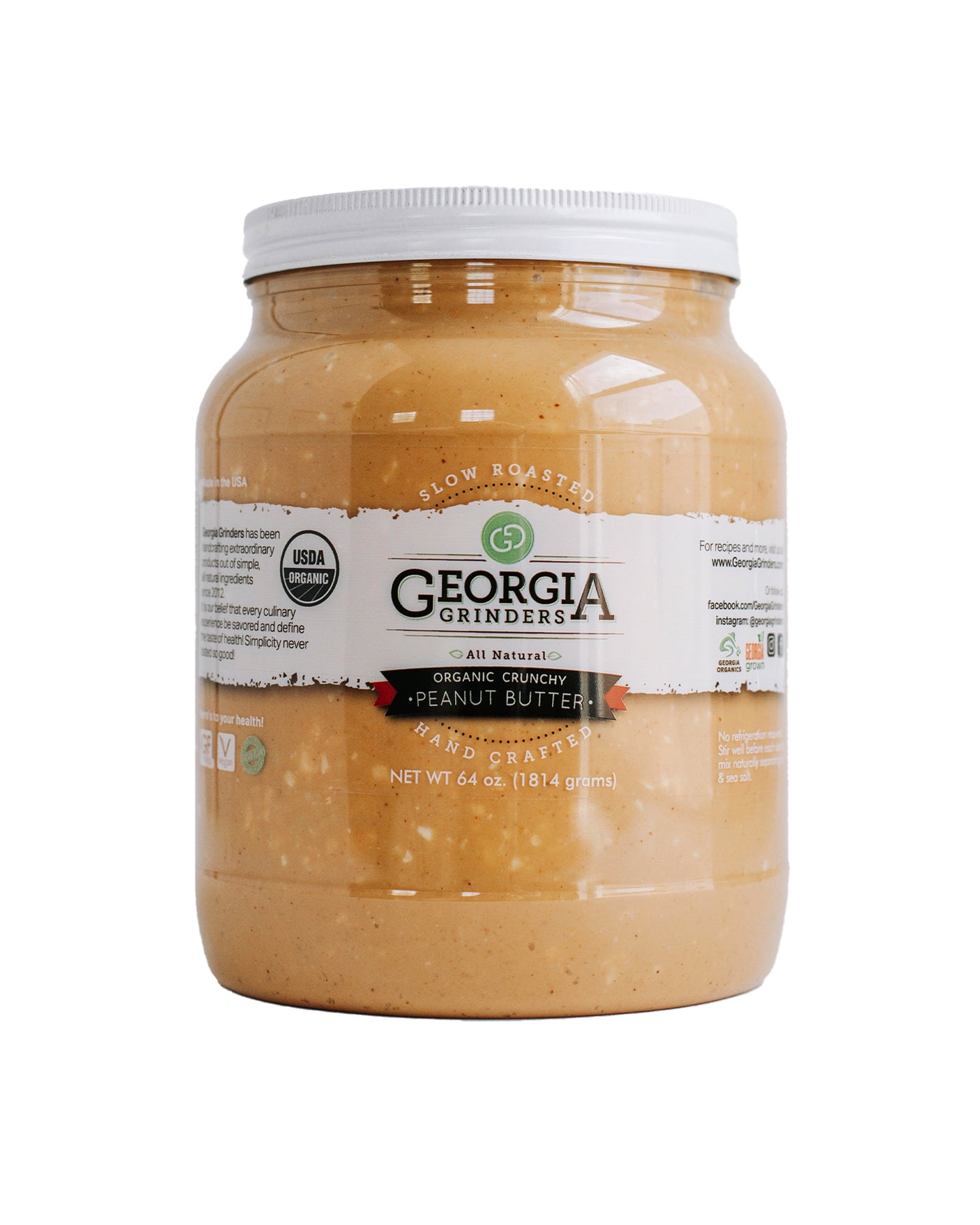 The front of Georgia Grinders Organic Crunchy Peanut Butter - Family Size
