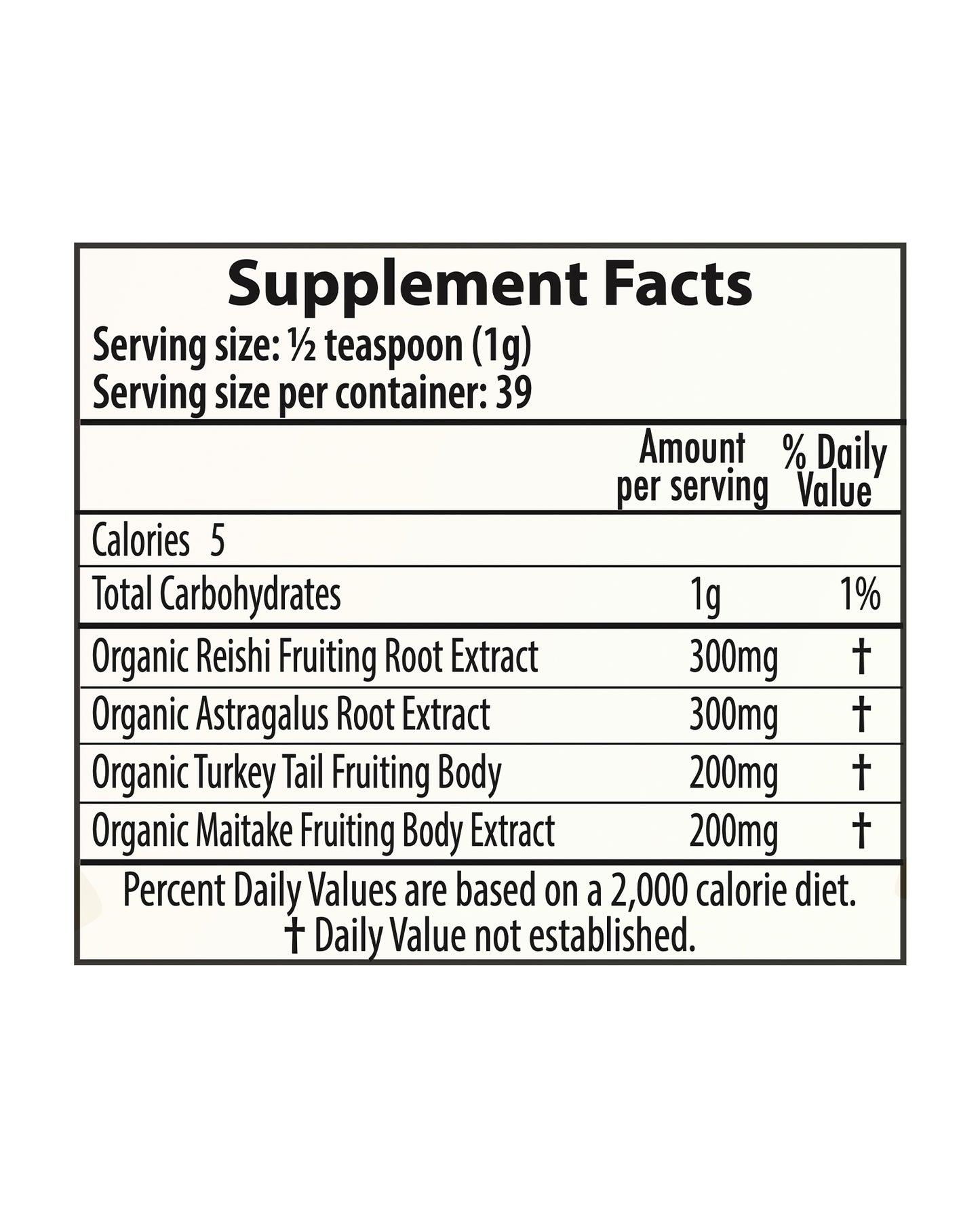 The nutrition panel of Goldmine Daily Immunity Support Supershroom Powder