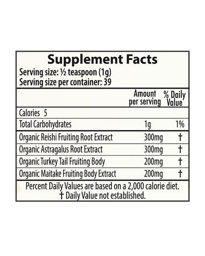 The nutrition panel of Goldmine Daily Immunity Support Supershroom Powder