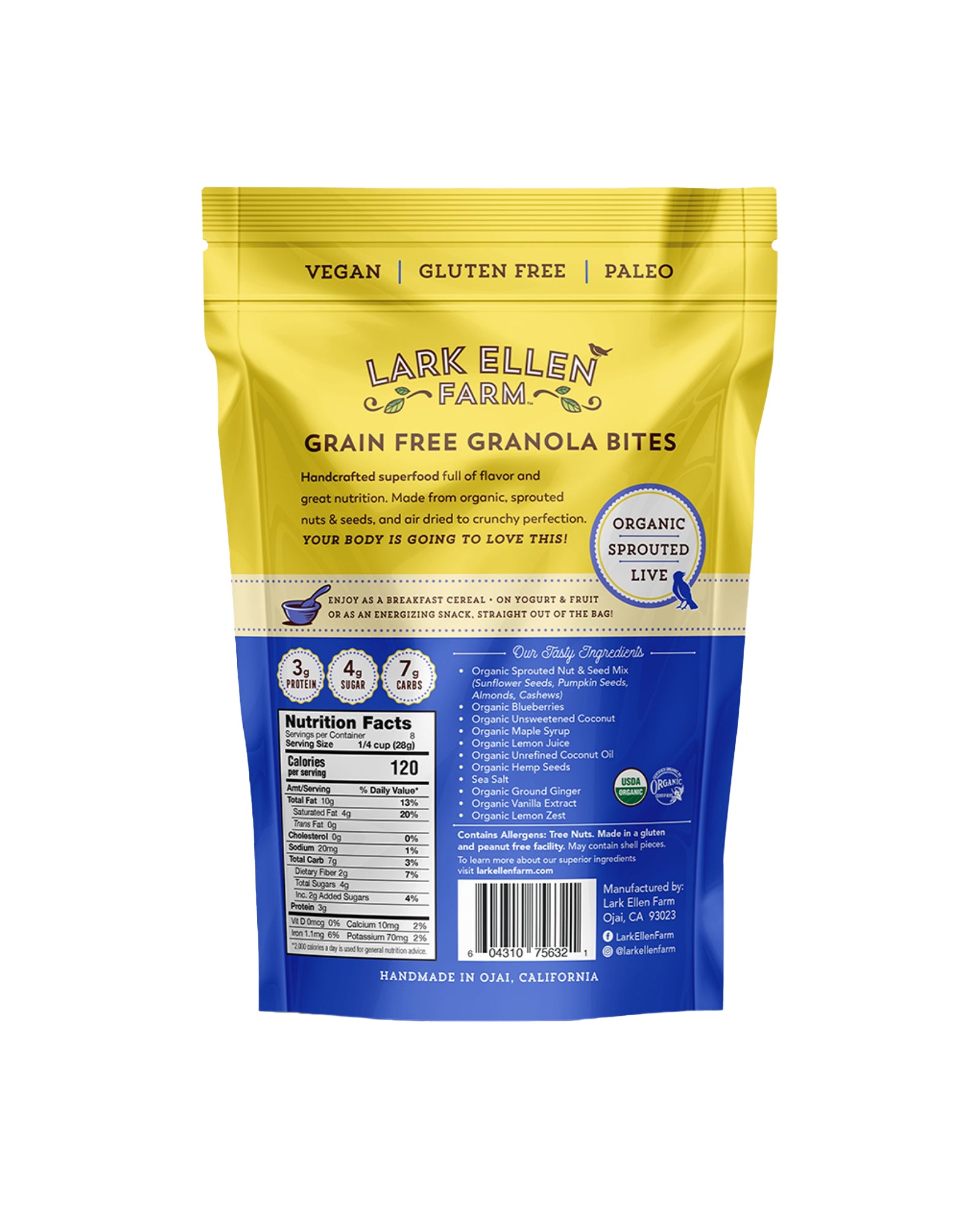 The back of Lark Ellen Farm Grain-Free Lemon Blueberry Sprouted Nut & Seed Granola