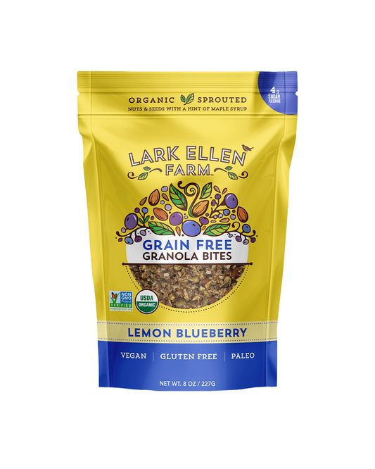The front of Lark Ellen Farm Grain-Free Lemon Blueberry Sprouted Nut & Seed Granola
