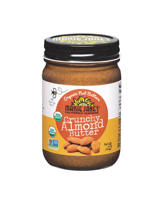 The front of Maisie Jane's Organic Crunchy Almond Butter