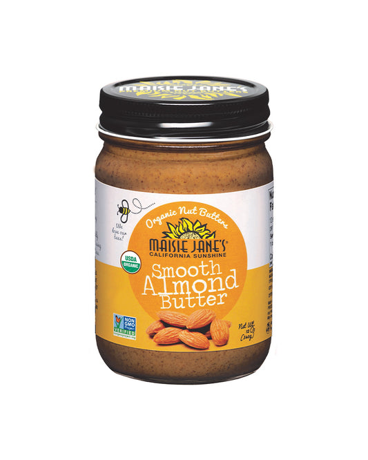 The front of Maisie Jane's Organic Smooth Almond Butter