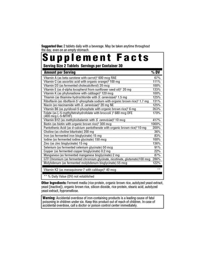 The nutrition panel of MegaFood Multi for Women Tablets