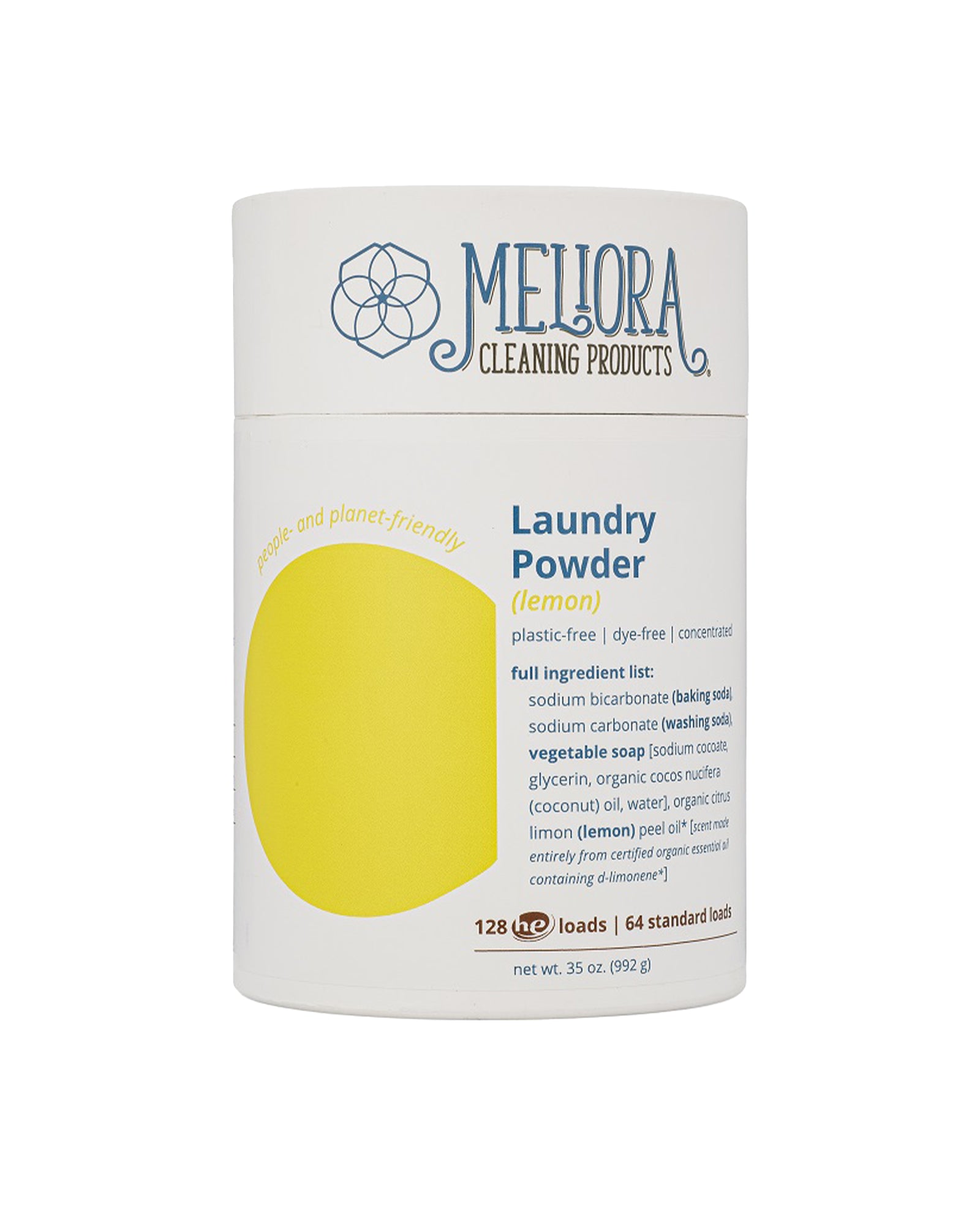 The front of Meliora Lemon Concentrated Laundry Powder