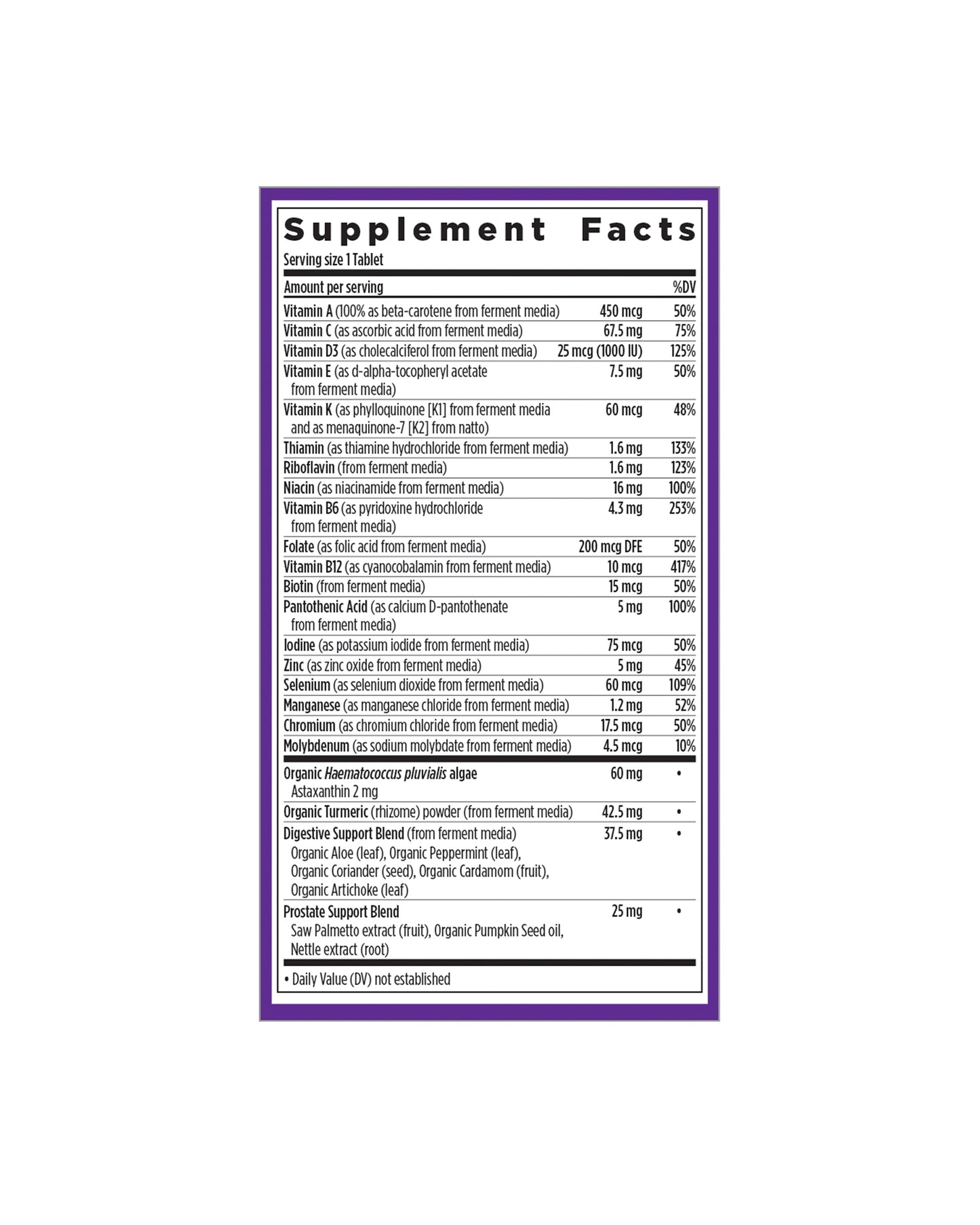 The nutrition panel of New Chapter Every Man™'s One Daily 55+ Multivitamin Tablets