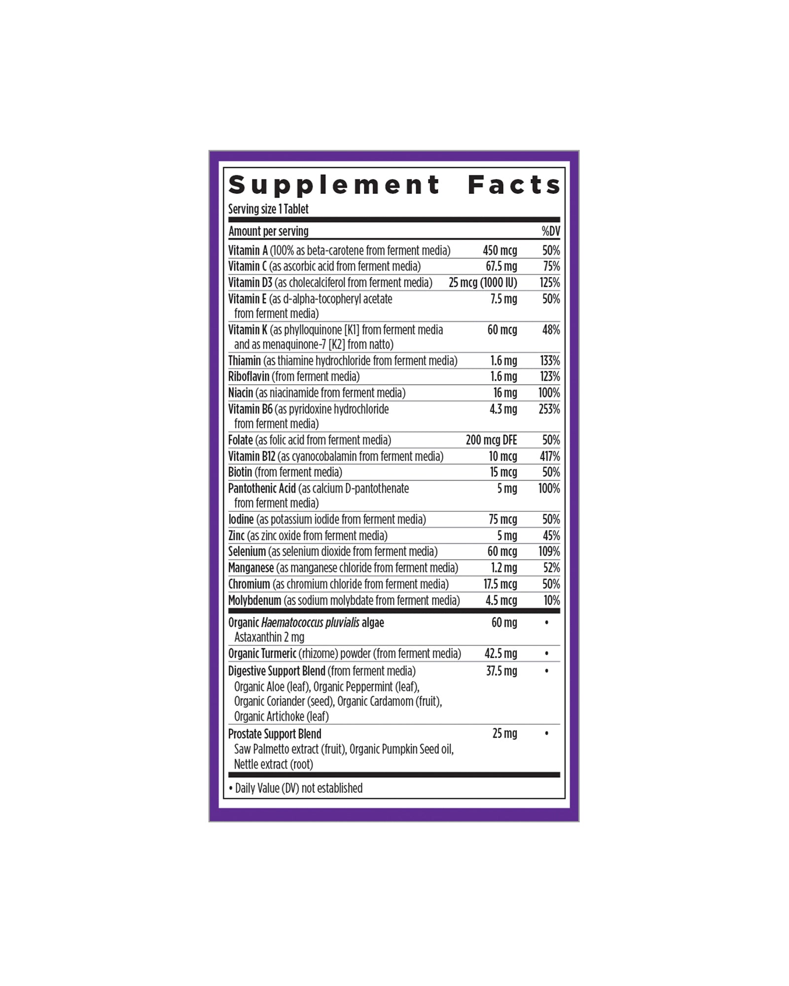 The nutrition panel of New Chapter Every Man™'s One Daily 55+ Multivitamin Tablets