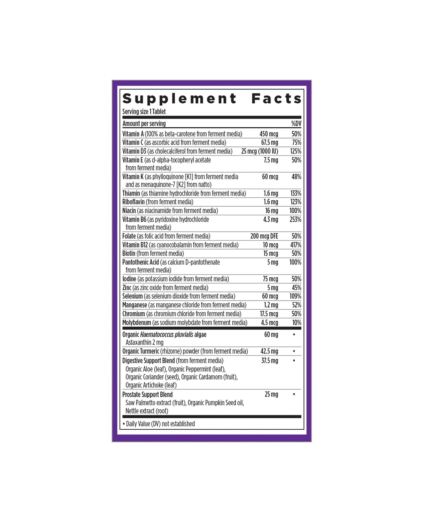 The nutrition panel of New Chapter Every Man™'s One Daily 55+ Multivitamin Tablets