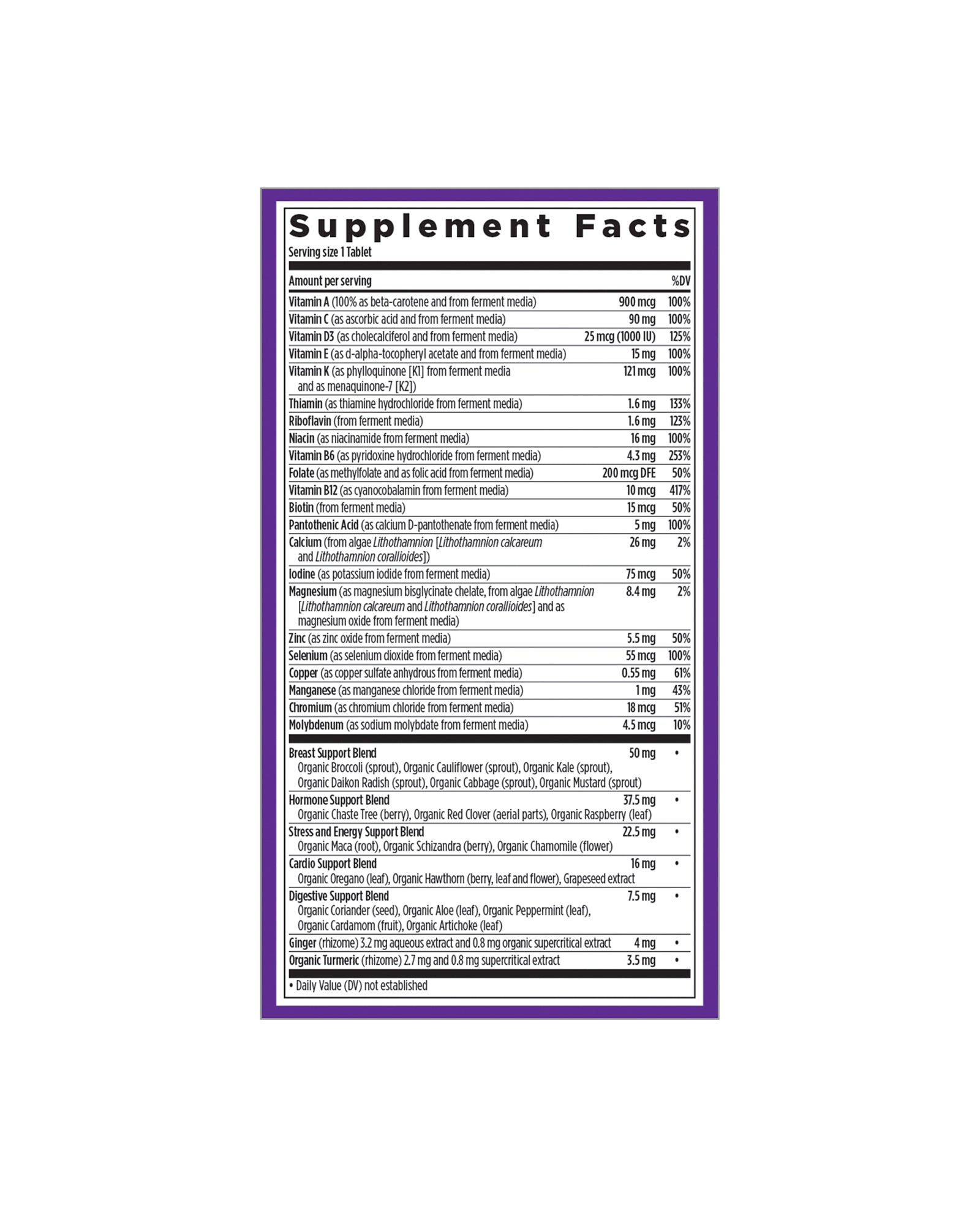 The nutrition panel of New Chapter Every Woman™'s One Daily 40+ Multivitamin Tablets