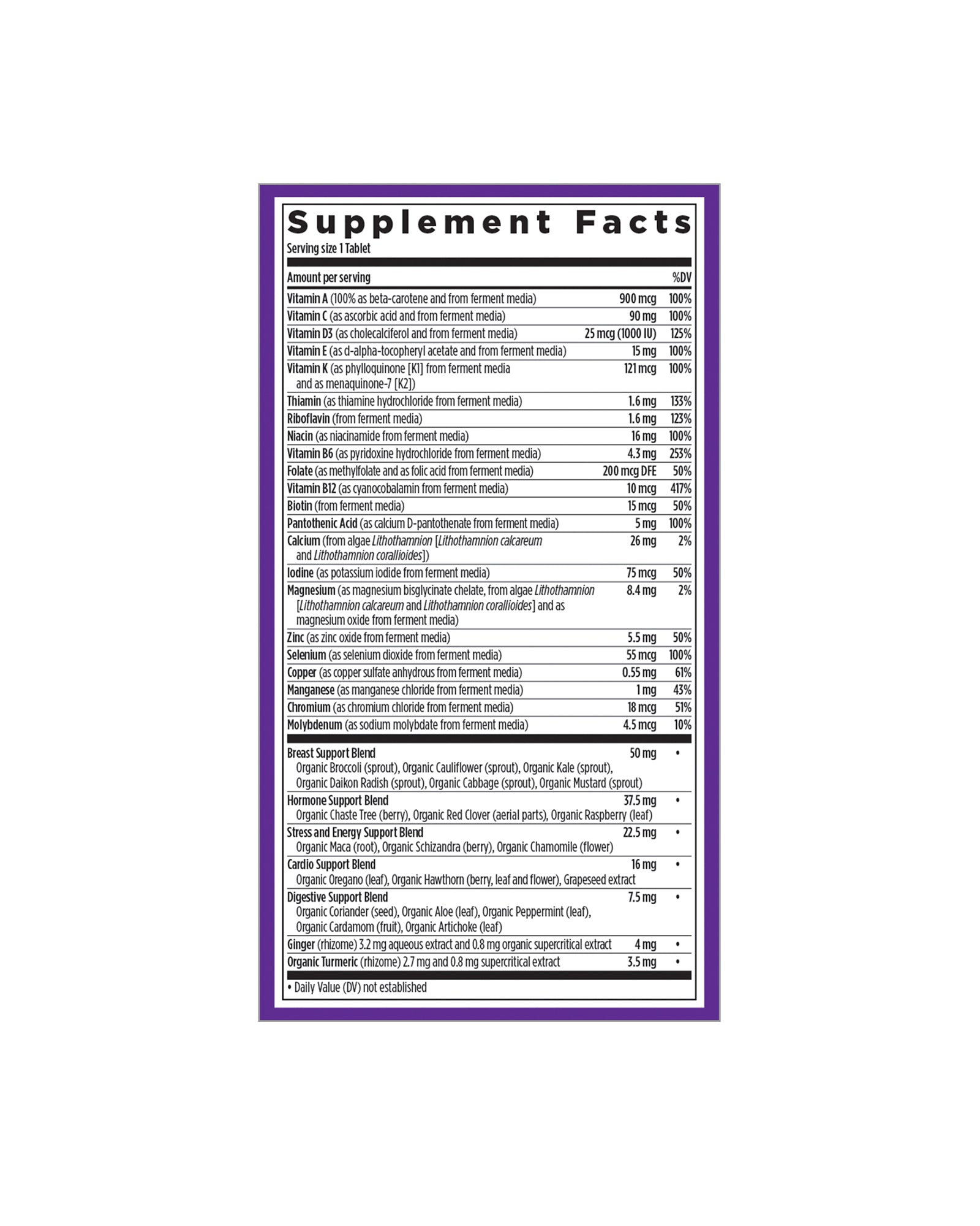 The nutrition panel of New Chapter Every Woman™'s One Daily 40+ Multivitamin Tablets