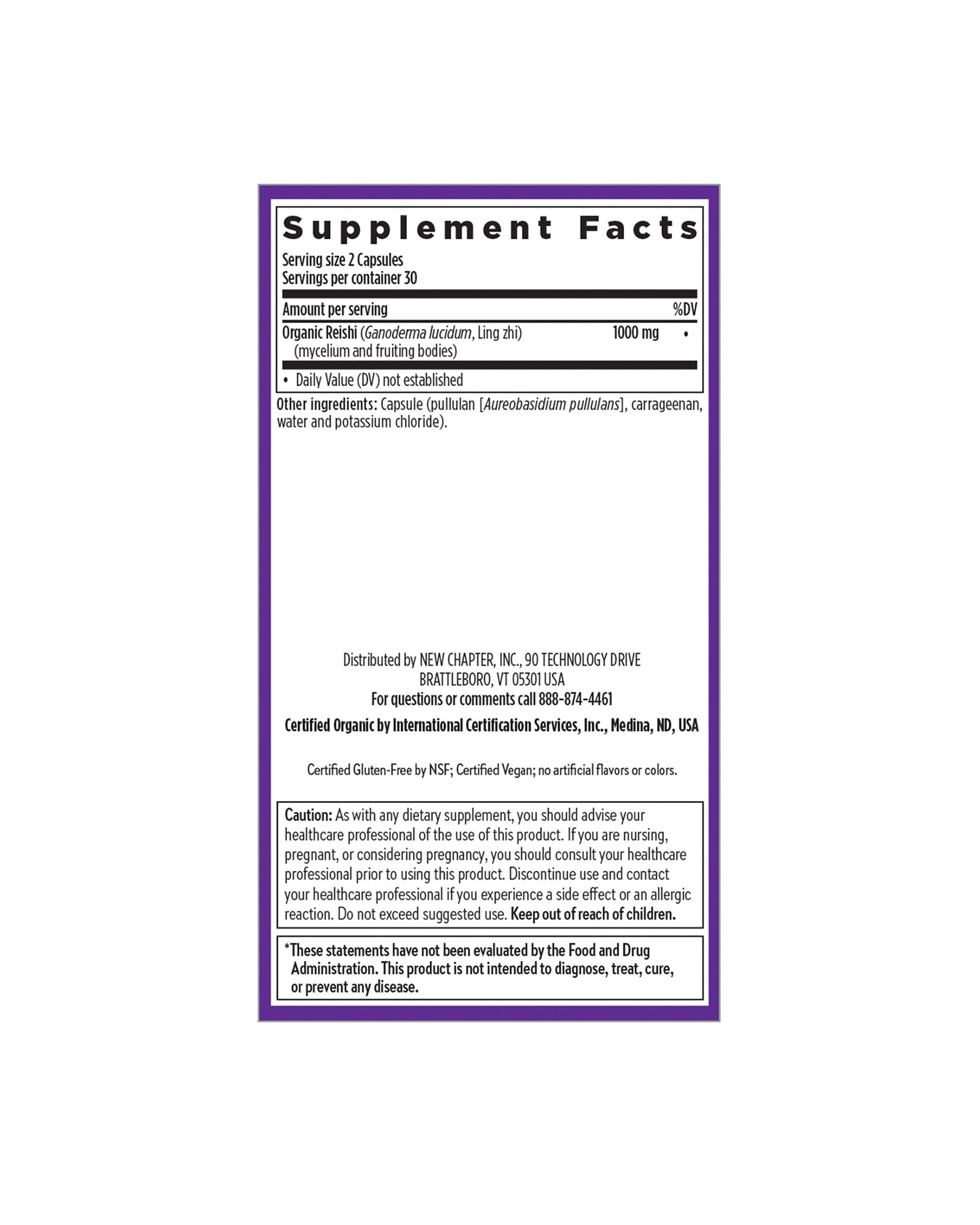 The nutrition panel of New Chapter Healthy Aging: Reishi Mushroom Blend Capsules