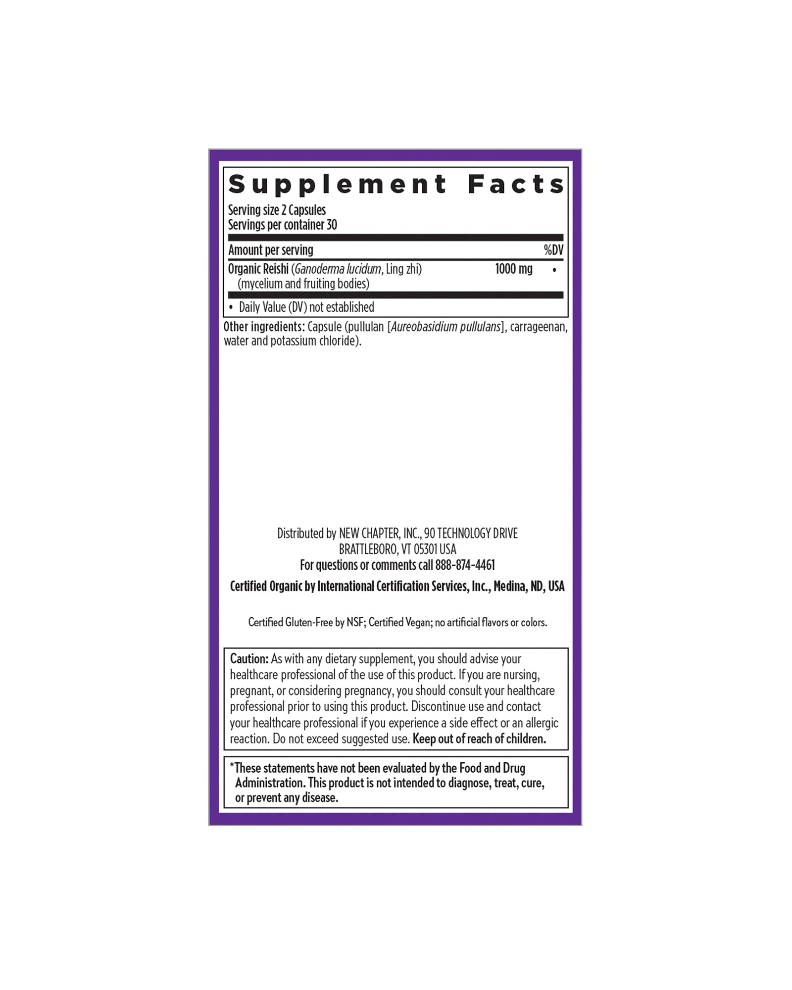 The nutrition panel of New Chapter Healthy Aging: Reishi Mushroom Blend Capsules