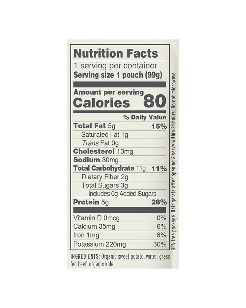 The nutrition panel of Serenity Kids Grass Fed Beef with Organic Kale & Sweet Potato Baby Food - Box of 6