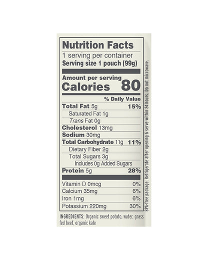 The nutrition panel of Serenity Kids Grass Fed Beef with Organic Kale & Sweet Potato Baby Food - Box of 6