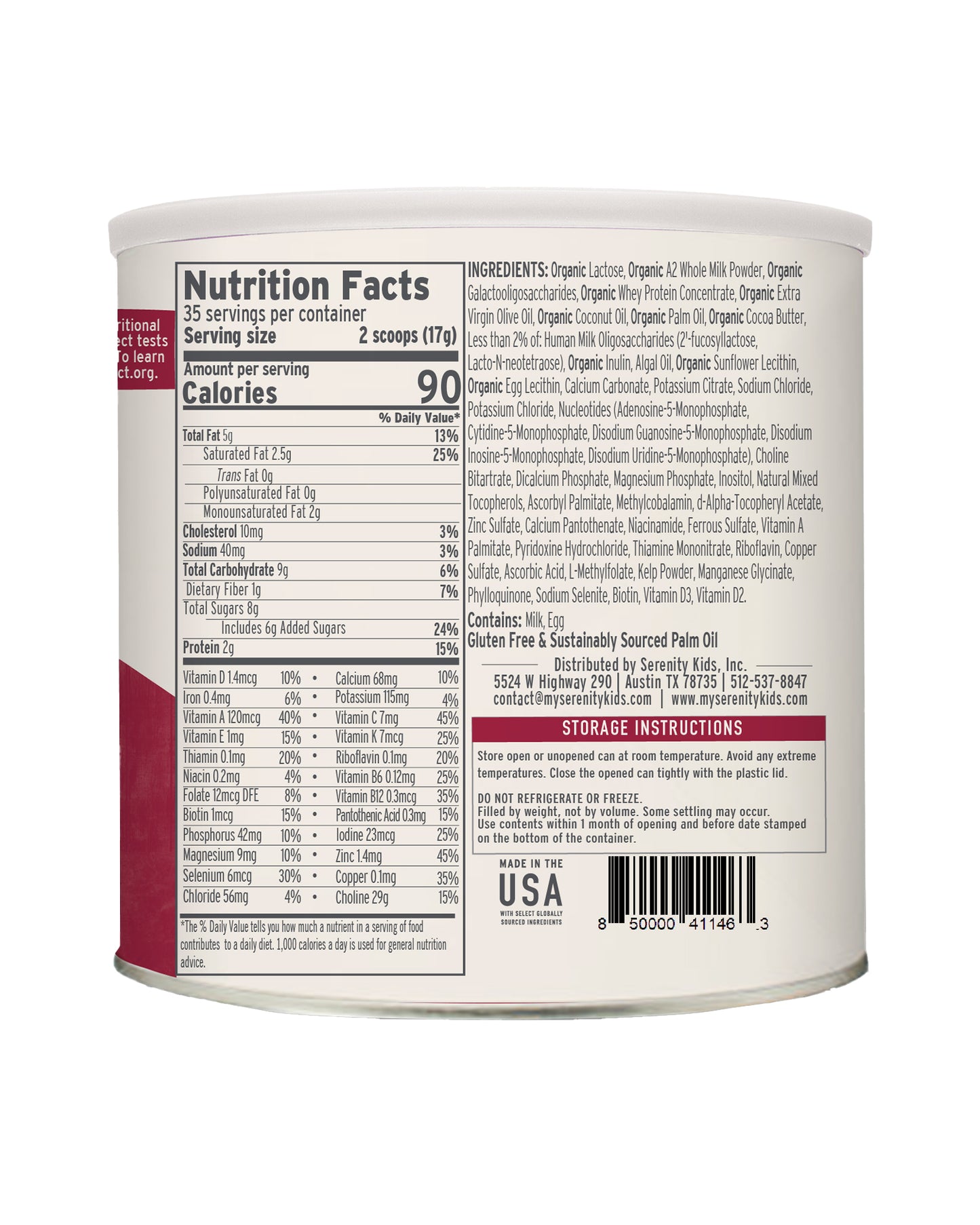 The back of Serenity Kids A2 Whole Milk Toddler Formula