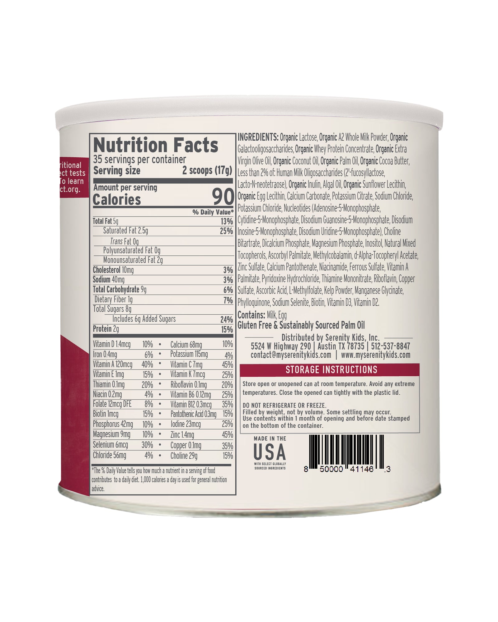 The back of Serenity Kids A2 Whole Milk Toddler Formula