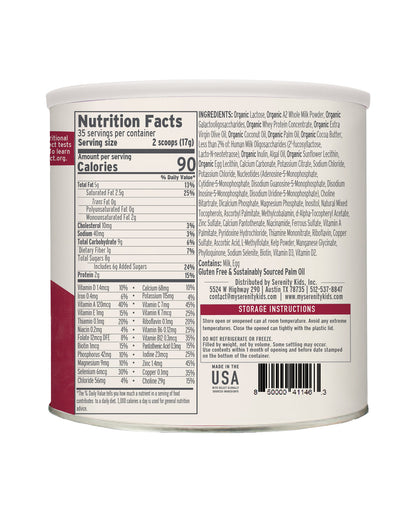 The back of Serenity Kids A2 Whole Milk Toddler Formula