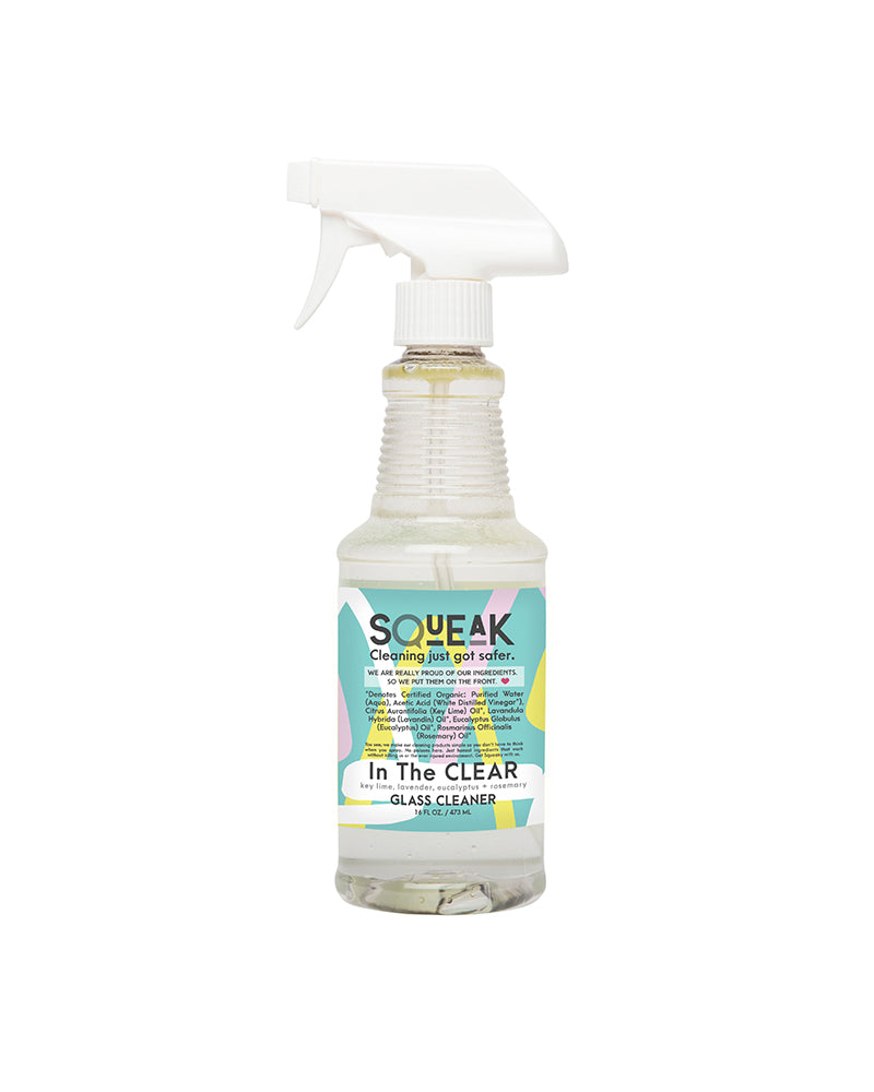 The front of Squeak In The Clear Essential Oil Glass Cleaner