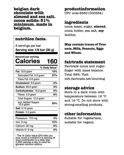 The nutrition panel of Tony's Chocolonely Dark Almond Sea Salt Chocolate