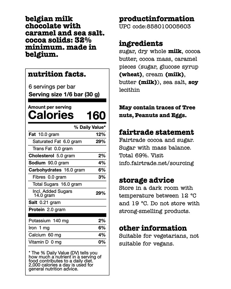 The nutrition panel of Tony's Chocolonely Milk Caramel Sea Salt Chocolate