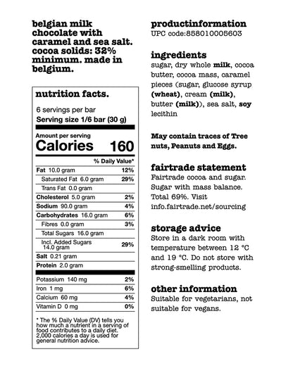 The nutrition panel of Tony's Chocolonely Milk Caramel Sea Salt Chocolate