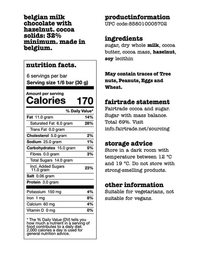 The nutrition panel of Tony's Chocolonely Milk Hazelnut Chocolate