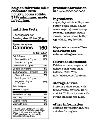 The nutrition panel of Tony's Chocolonely Milk Honey Almond Nougat Chocolate