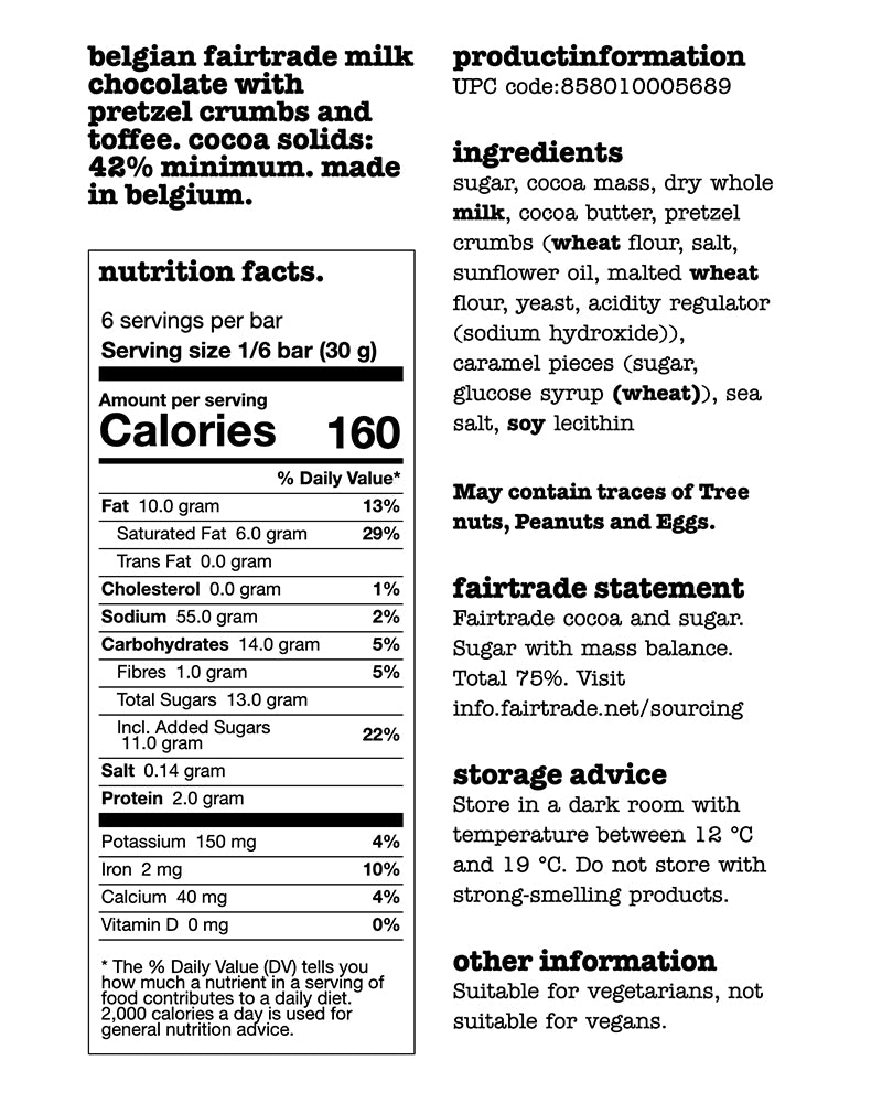 The nutrition panel of Tony's Chocolonely Dark Milk Pretzel Toffee Chocolate