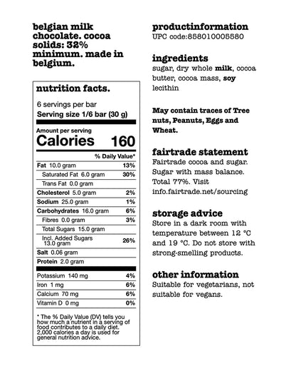The nutrition panel of Tony's Chocolonely Milk Chocolate