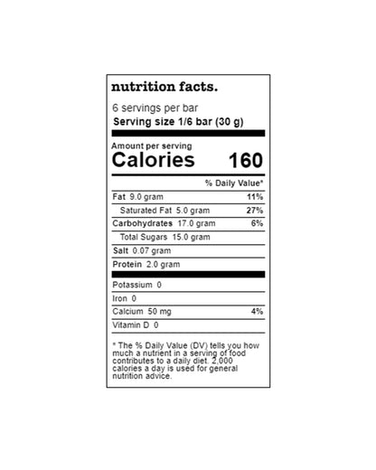 The nutrition panel of Tony's Chocolonely Milk Chocolate Caramel Cookie Bar