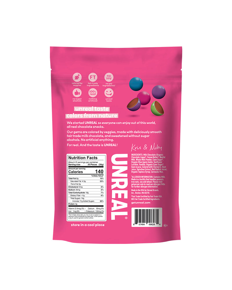 The back of UNREAL Milk Chocolate Gems