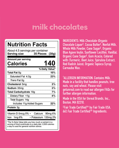 The nutrition panel of UNREAL Milk Chocolate Gems