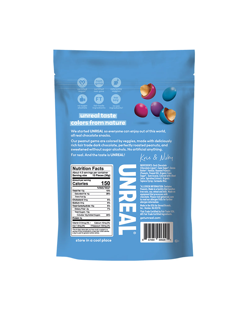 The back of UNREAL Dark Chocolate Peanut Gems